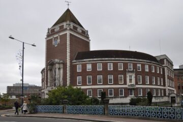 Kingston Guildhall with its clock tower and curved brick frontage