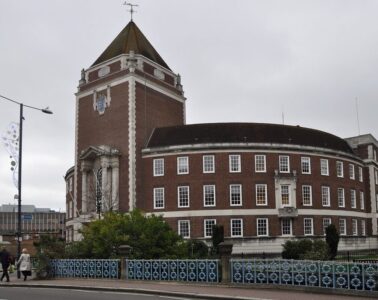 Kingston Guildhall with its clock tower and curved brick frontage