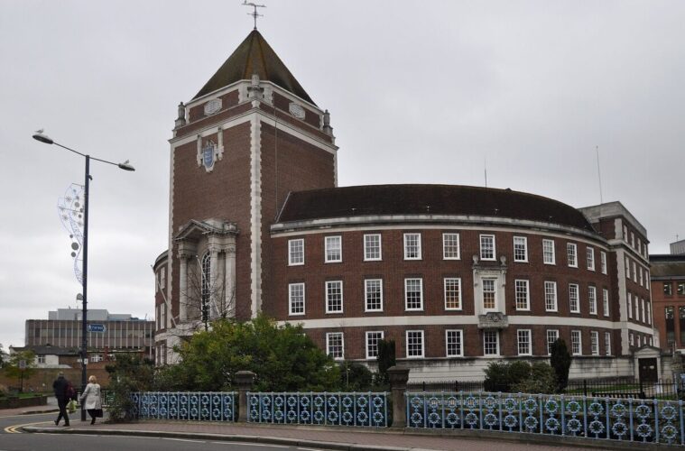 Kingston Guildhall with its clock tower and curved brick frontage