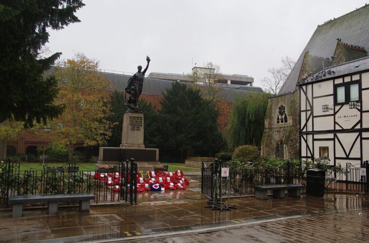 Kingston War Memorial with wreaths laid at its base
